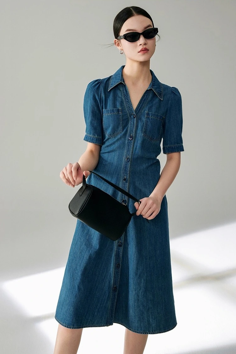 ชุดเดรสยีนส์ผ้าฝ้ายผู้หญิงมีระดับ