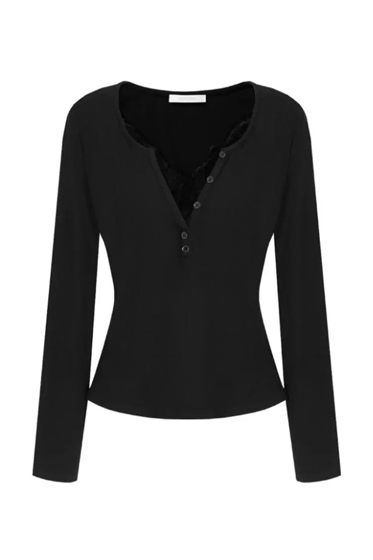 เสื้อสเวตเตอร์คอวีลูกไม้สลิมผู้หญิง