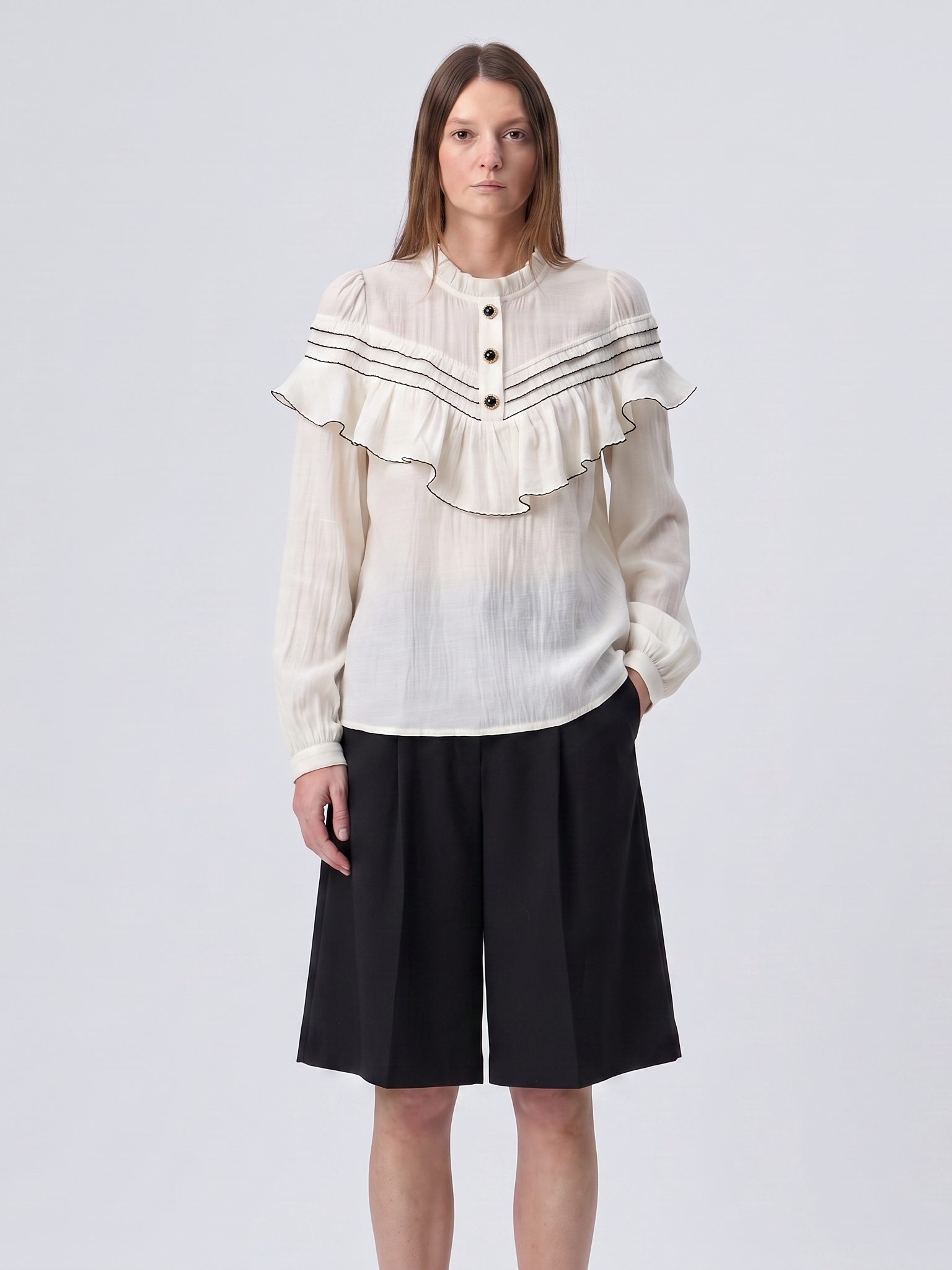 เสื้อเชิ้ตแขนยาว Lyocell Ruffled สำหรับผู้หญิง