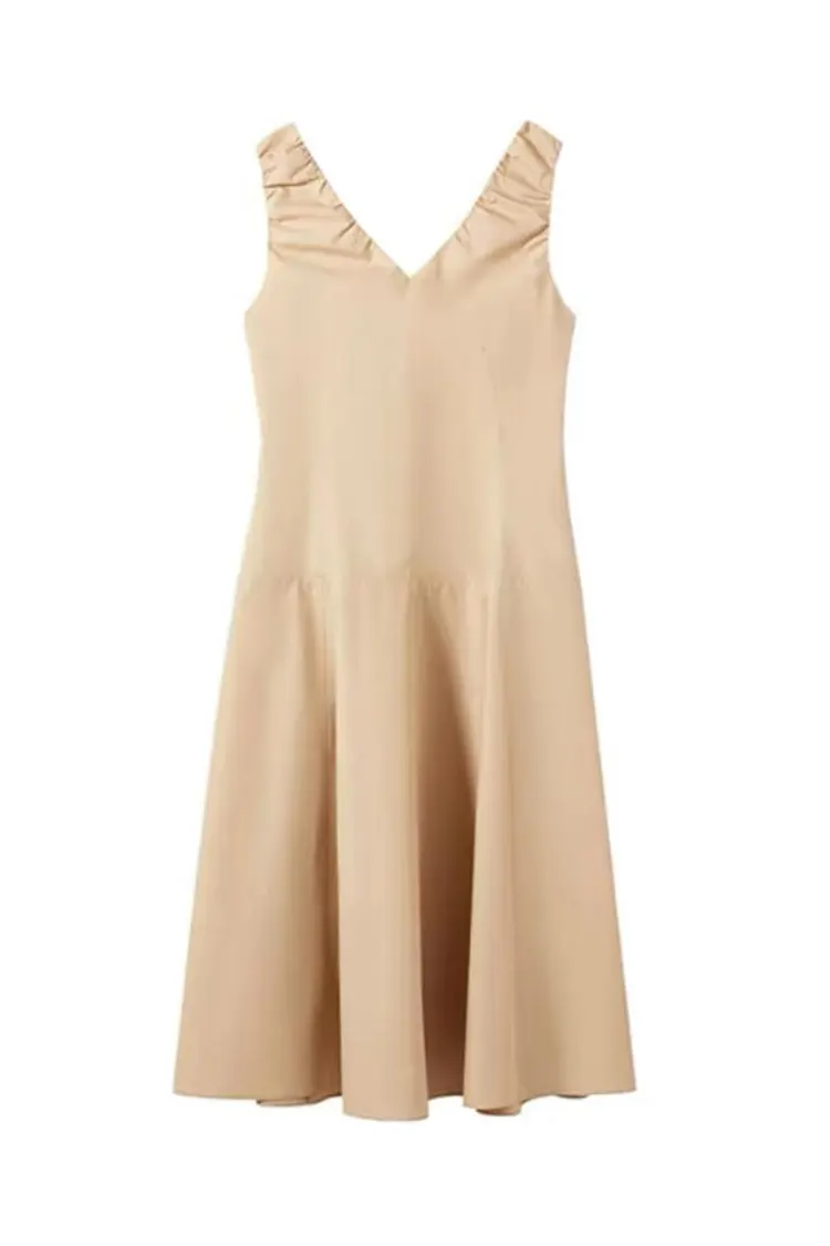 ชุดเดรสคอวีแขนกุดสำนักงานสีกากีใหม่ของผู้หญิง